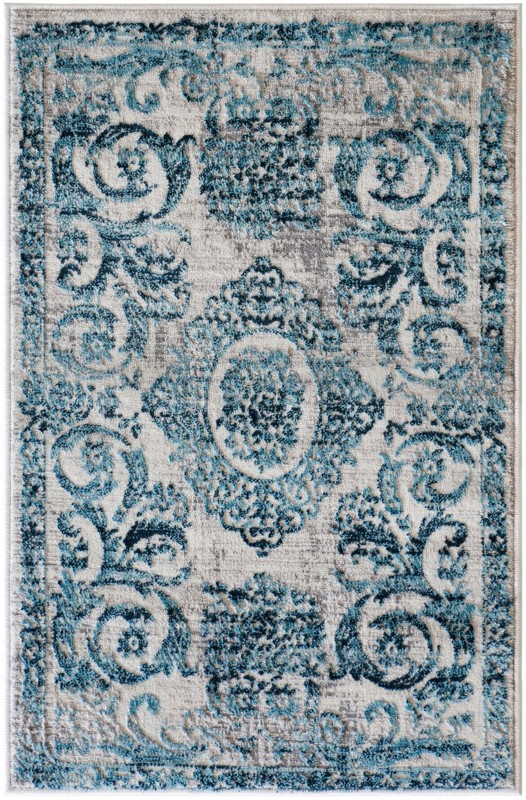 2' x 3' Crockett · Distressed medallion rug, ivory and blue