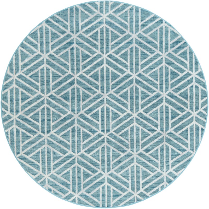 8' x 8' Norwood · Geometric trellis rug, blue and ivory