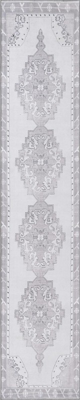 2' 6 x 12' Sanderson · Medallion Washable Rug, gray and white