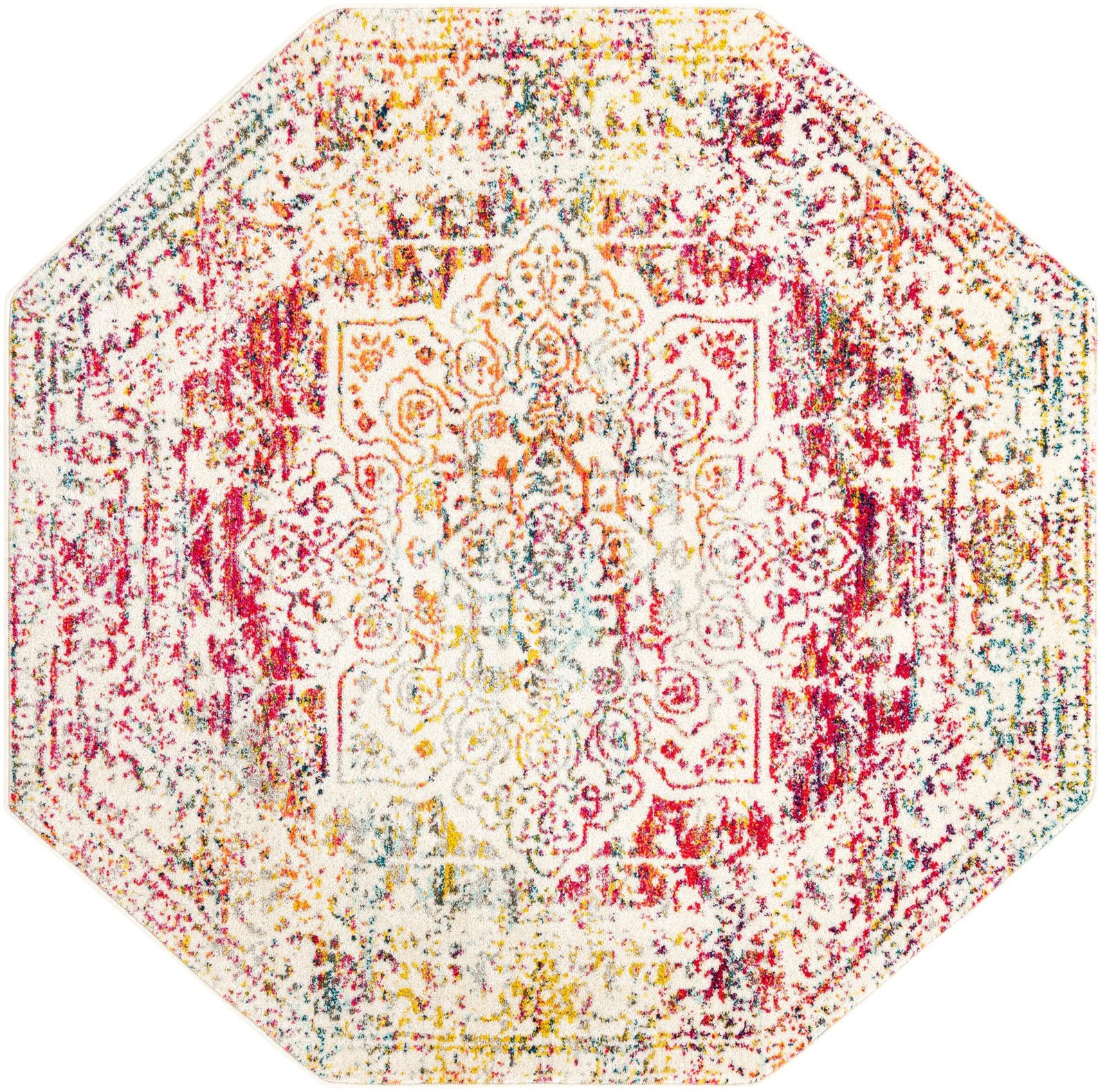 6' x 6' Birch · Distressed medallion rug, ivory and multi