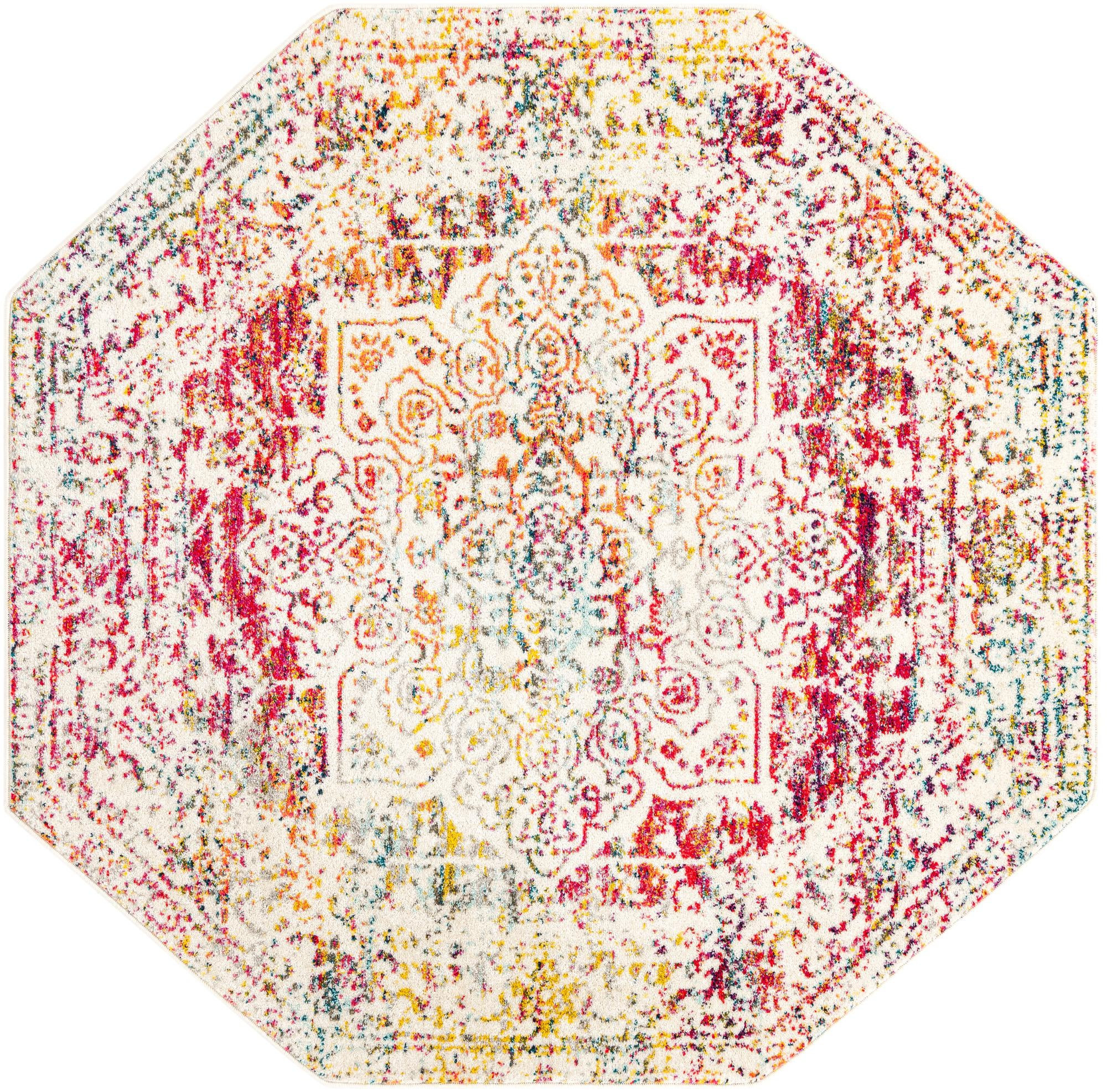 6' x 6' Birch · Distressed medallion rug, ivory and multi