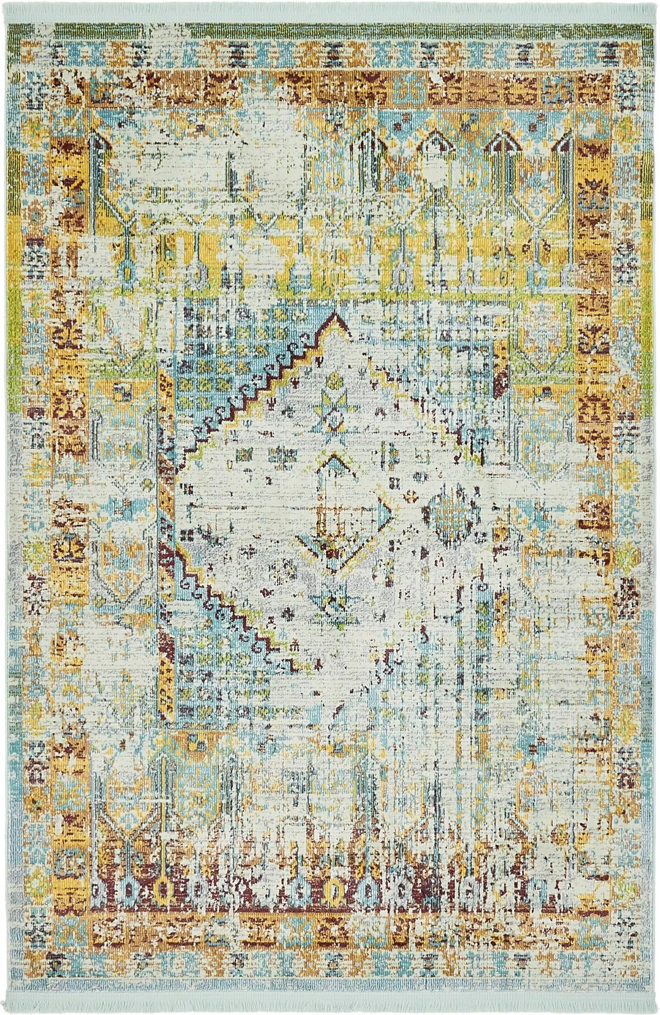 4' 3 x 6' Studley · Distressed medallion rug, blue and yellow