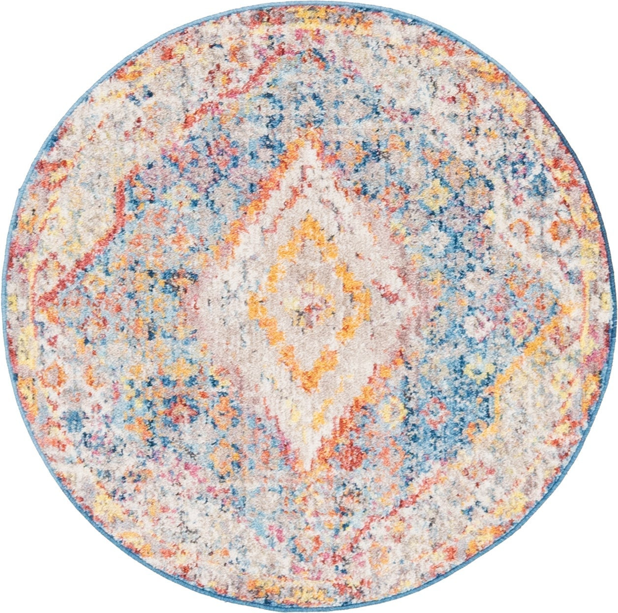 3' 3 x 3' 3 Hickorywood · Distressed medallion rug, blue and multicolor