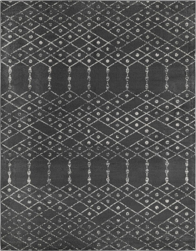 10' x 13' Newcomb · Geometric lattice rug, charcoal and ivory