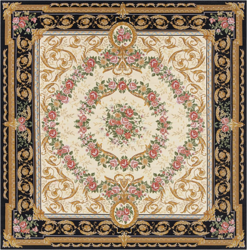 7' 10 x 7' 10 Lomax · Floral garland Outdoor Rug, ivory and black