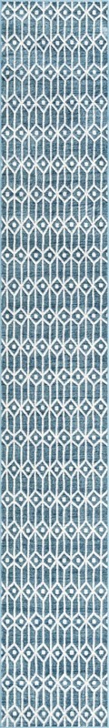 3' x 19' 8 Vincent · Geometric trellis rug, blue and ivory