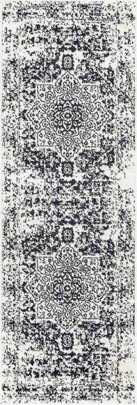2' x 6' Birch · Distressed medallion rug, blue and ivory
