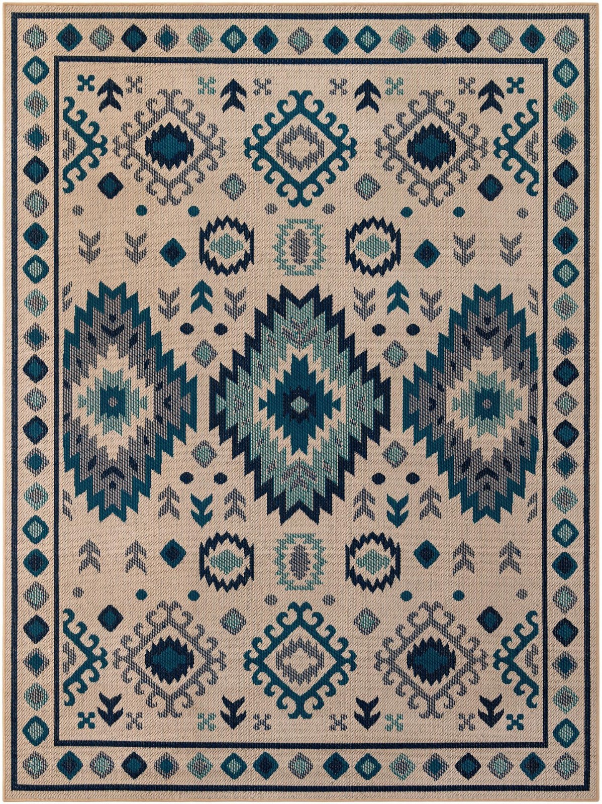 7' 10 x 10' Whitfield · Geometric tribal Outdoor Rug, beige and blue
