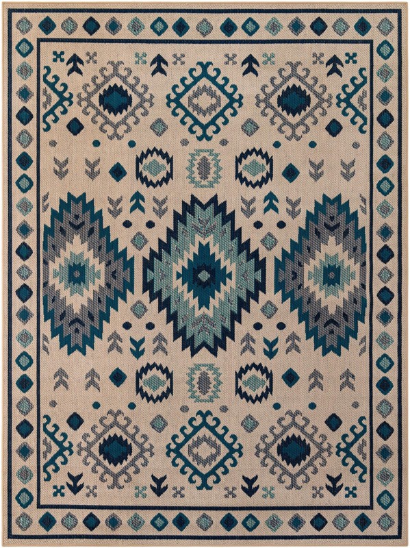 7' 10 x 10' Whitfield · Geometric tribal Outdoor Rug, beige and blue