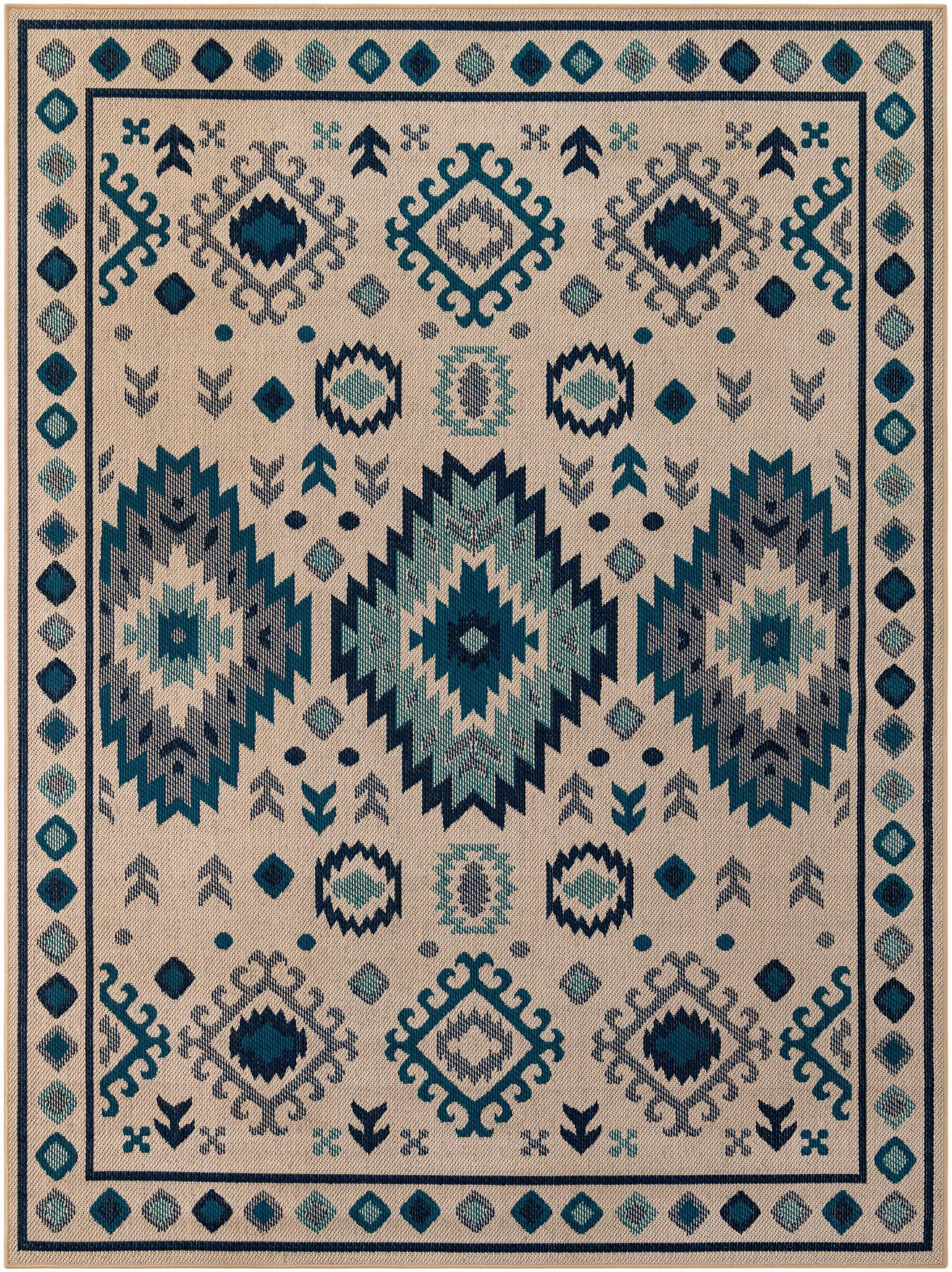 7' 10 x 10' Whitfield · Geometric tribal Outdoor Rug, beige and blue