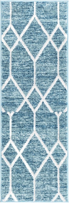 2' x 6' Thatcher · Geometric trellis rug, blue and ivory