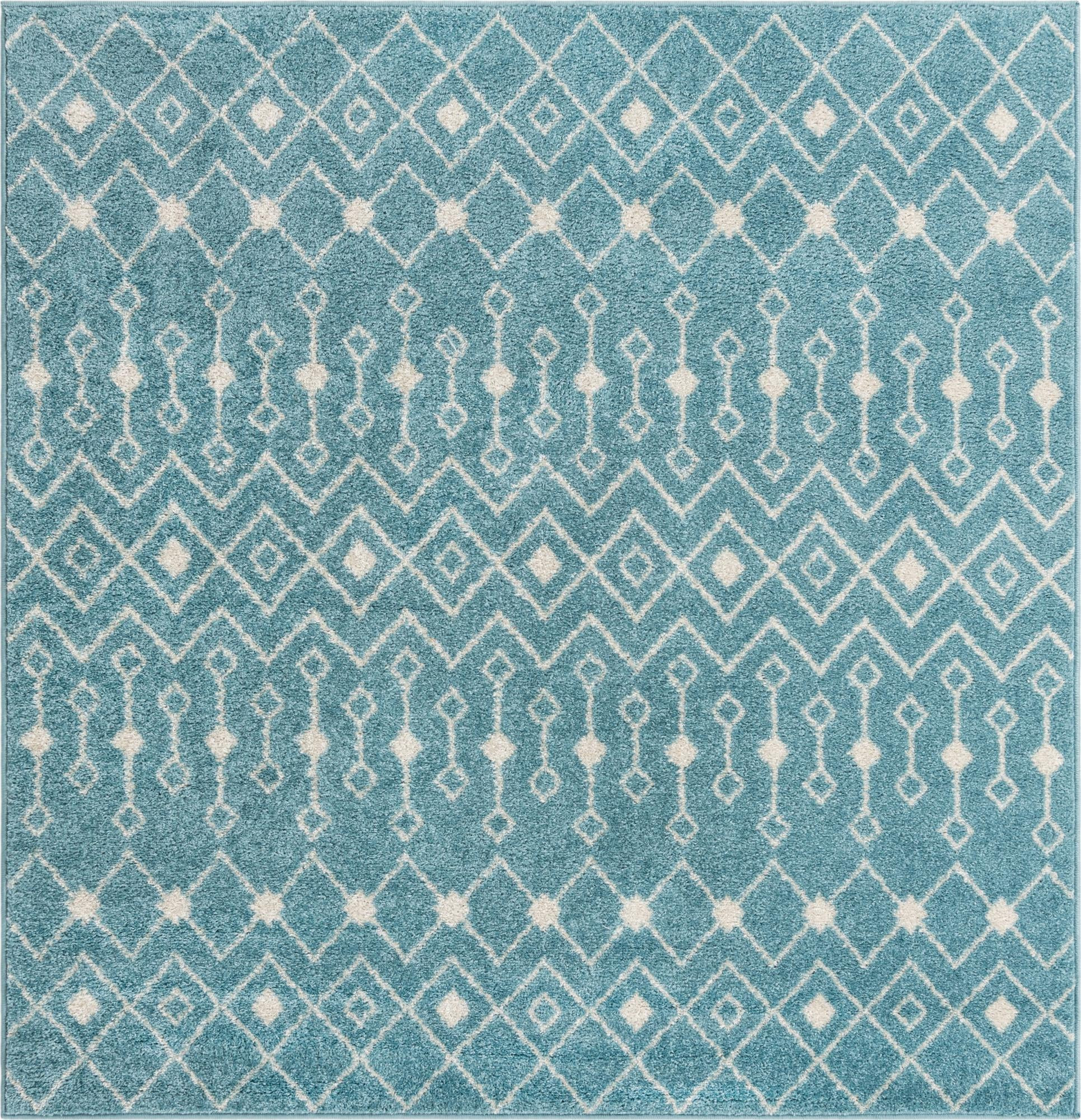 6' x 6' Boswell · Geometric trellis rug, aqua and ivory