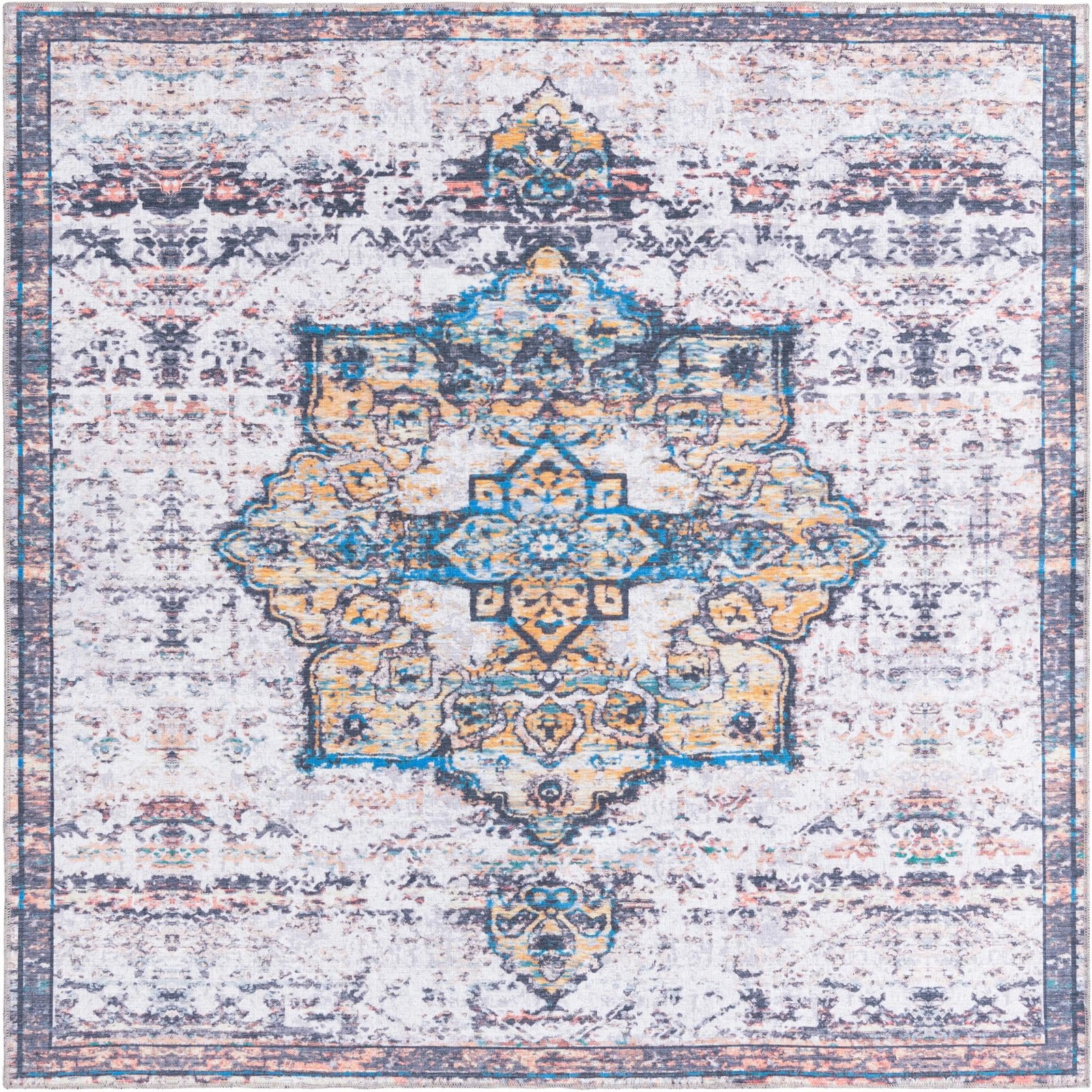 7' 3 x 7' 3 Rideout · Medallion Washable Rug, white and blue