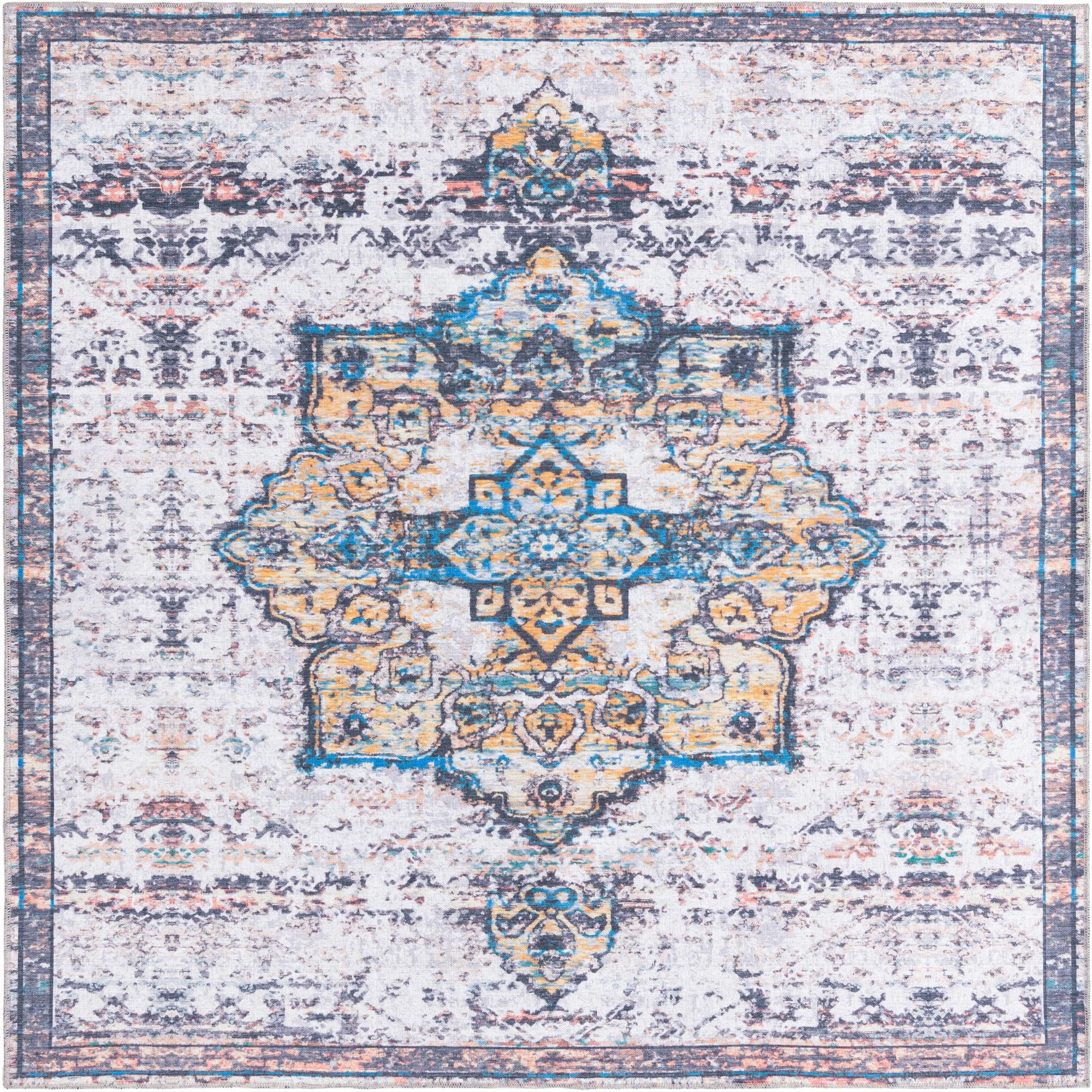 7' 3 x 7' 3 Rideout · Medallion Washable Rug, white and blue