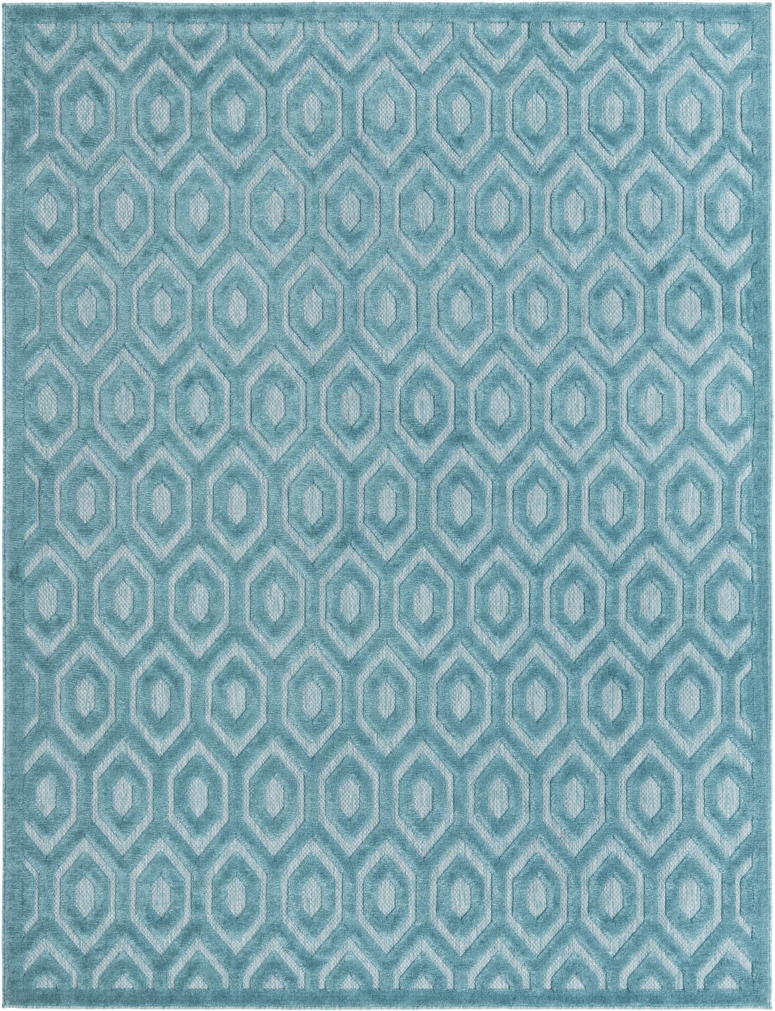 7' 10 x 10' Roanoke · Geometric diamond Outdoor Rug, aqua and ivory