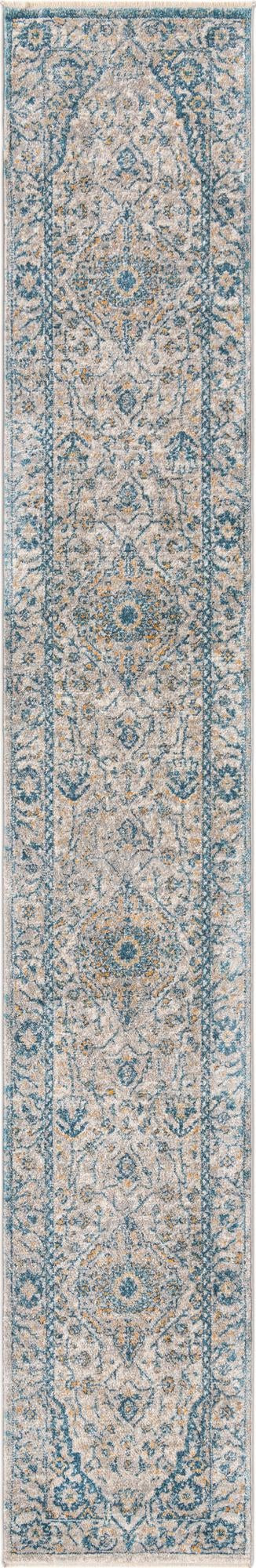 2' x 13' Thane · Medallion rug, gray and blue