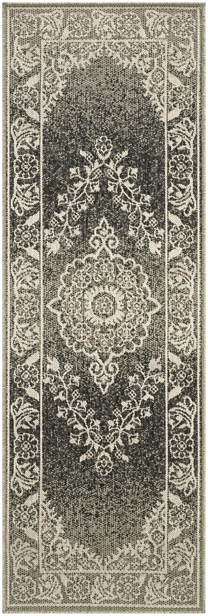 2' x 6' Honeysuckle · Border Outdoor Rug, black and white