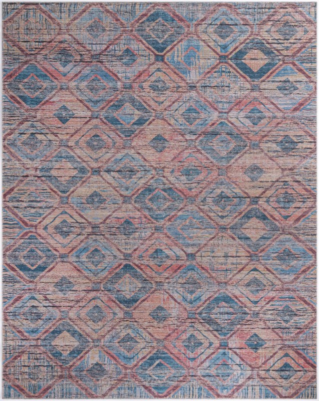 10' 6 x 13' Torrance · Geometric diamond Washable Rug, peach and blue