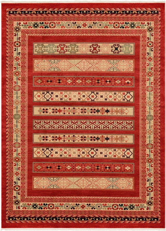 8' x 11' Quarry · Tribal striped rug, rust and beige