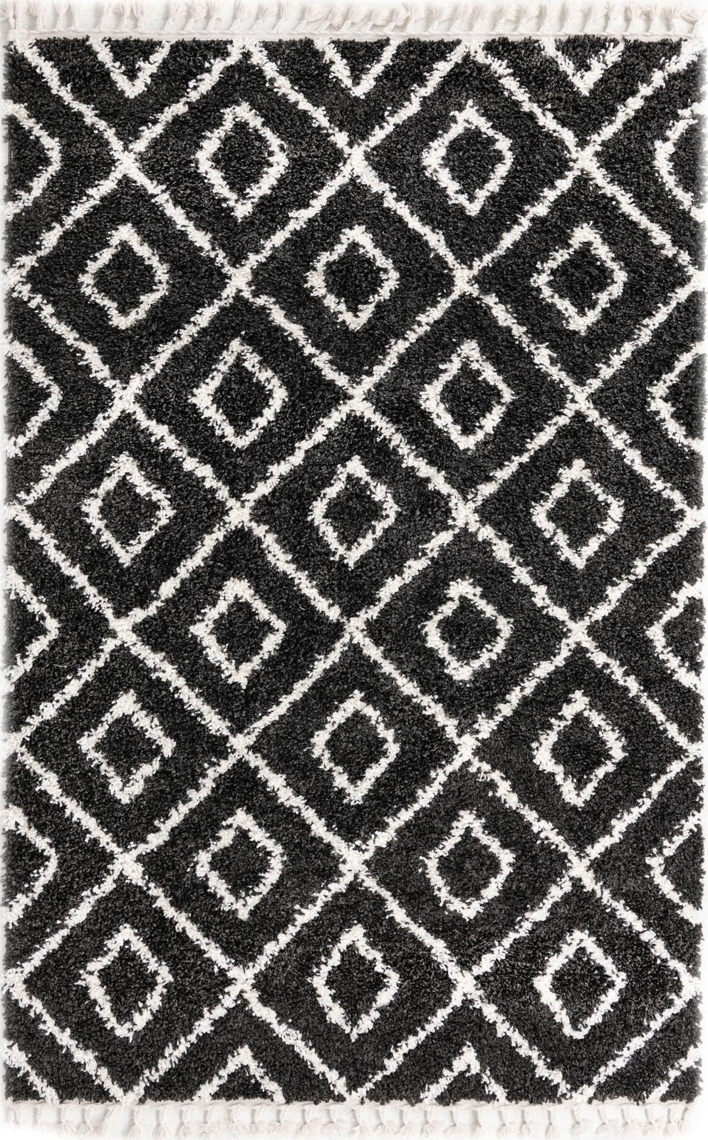 5' 3 x 8' Tunstall · Diamond lattice Shag Rug, black and white