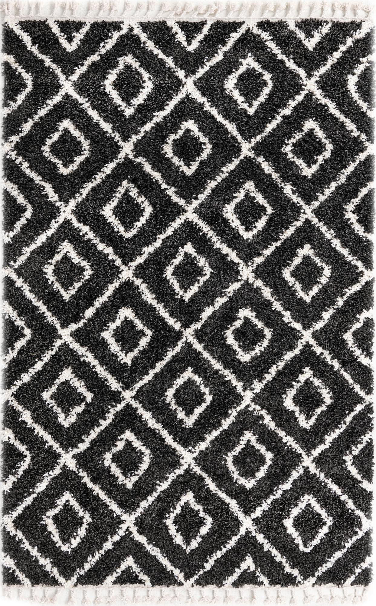 5' 3 x 8' Tunstall · Diamond lattice Shag Rug, black and white