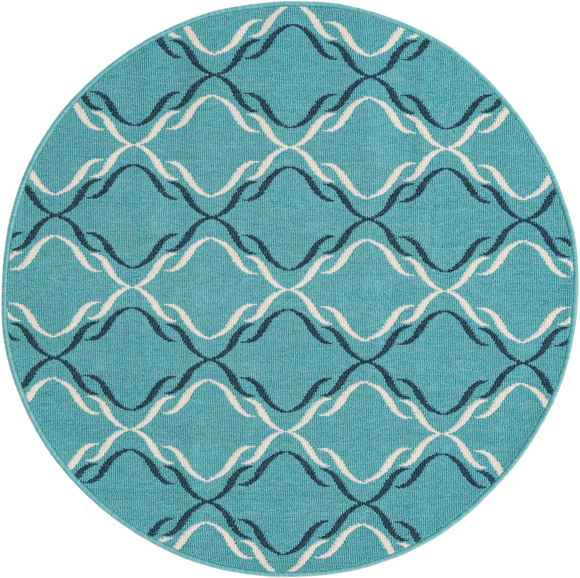 4' x 4' Comstock · Geometric lattice Outdoor Rug, teal and ivory