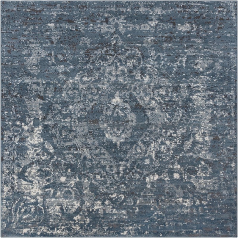 7' 10 x 7' 10 Priestley · Distressed medallion rug, blue and ivory
