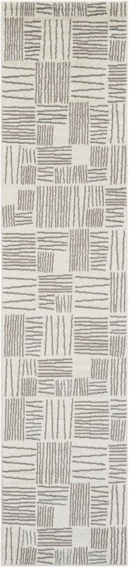 2' 7 x 12' Snowberry · Linear geometric rug, ivory and gray