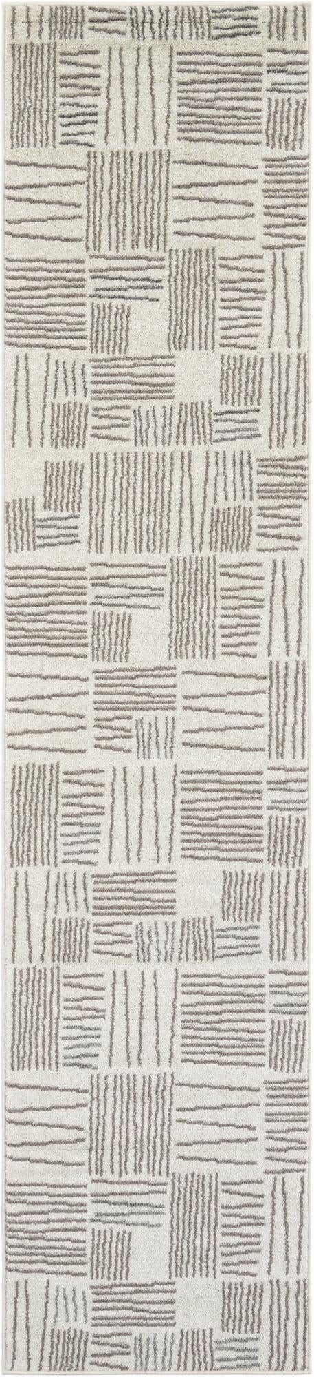 2' 7 x 12' Snowberry · Linear geometric rug, ivory and gray