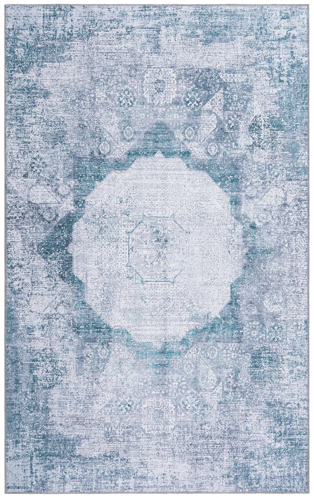 5' 3 x 8' Fallowfield · Distressed medallion Washable Rug, teal and ivory