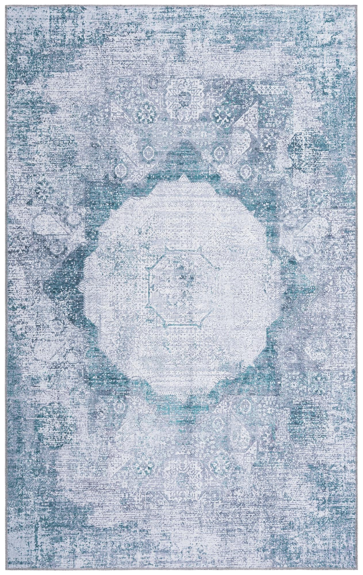 5' 3 x 8' Fallowfield · Distressed medallion Washable Rug, teal and ivory