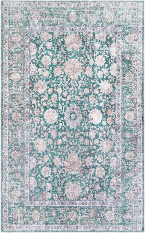 5' 3 x 8' Bertie · Floral Washable Rug, emerald and ivory