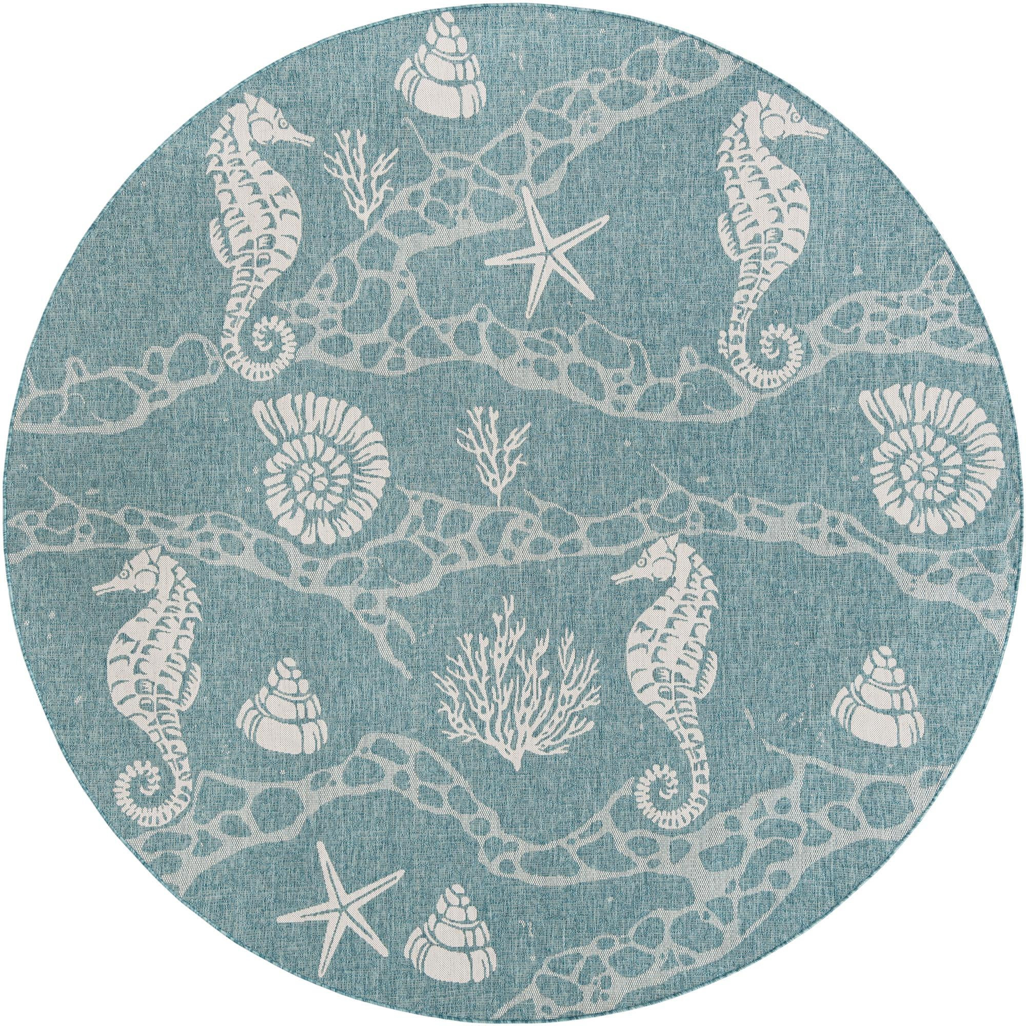 10' x 10' Daly · Coastal Outdoor Rug, aqua and ivory
