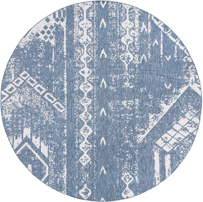 13' x 13' Wildman · Tribal geometric Outdoor Rug, blue and ivory