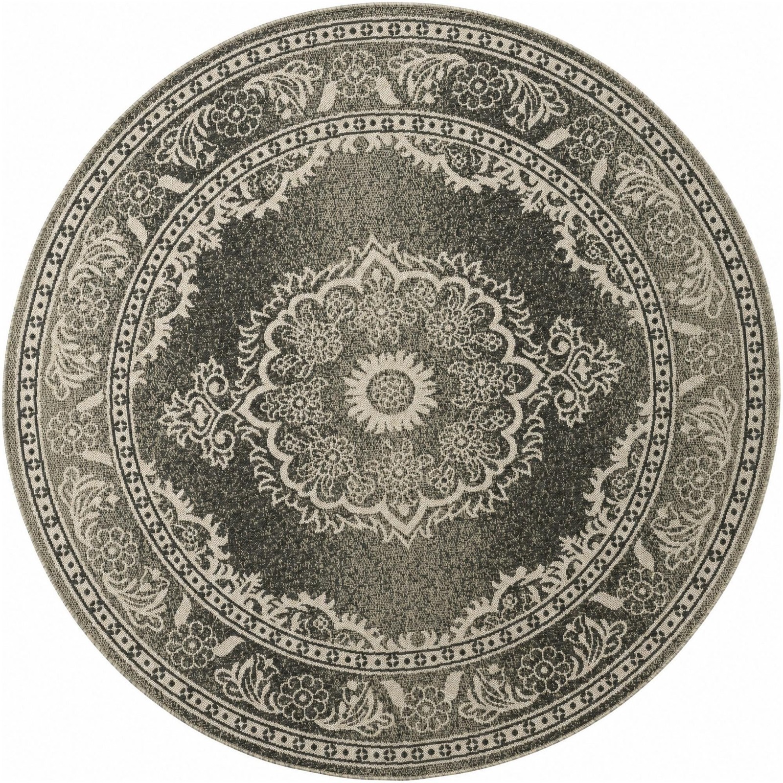 6' x 6' Honeysuckle · Medallion Outdoor Rug, black and white