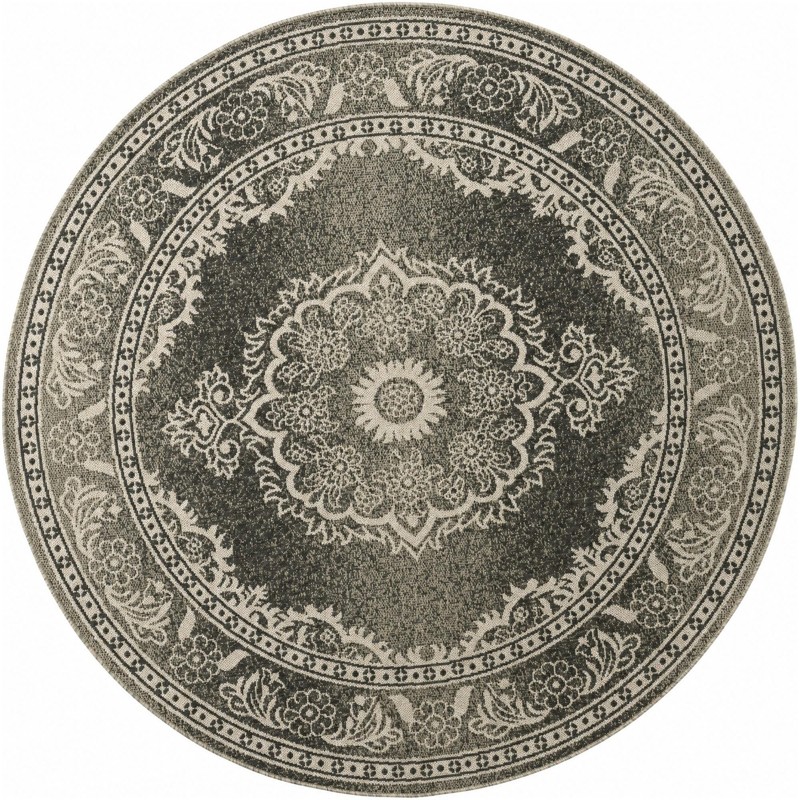 6' x 6' Honeysuckle · Medallion Outdoor Rug, black and white