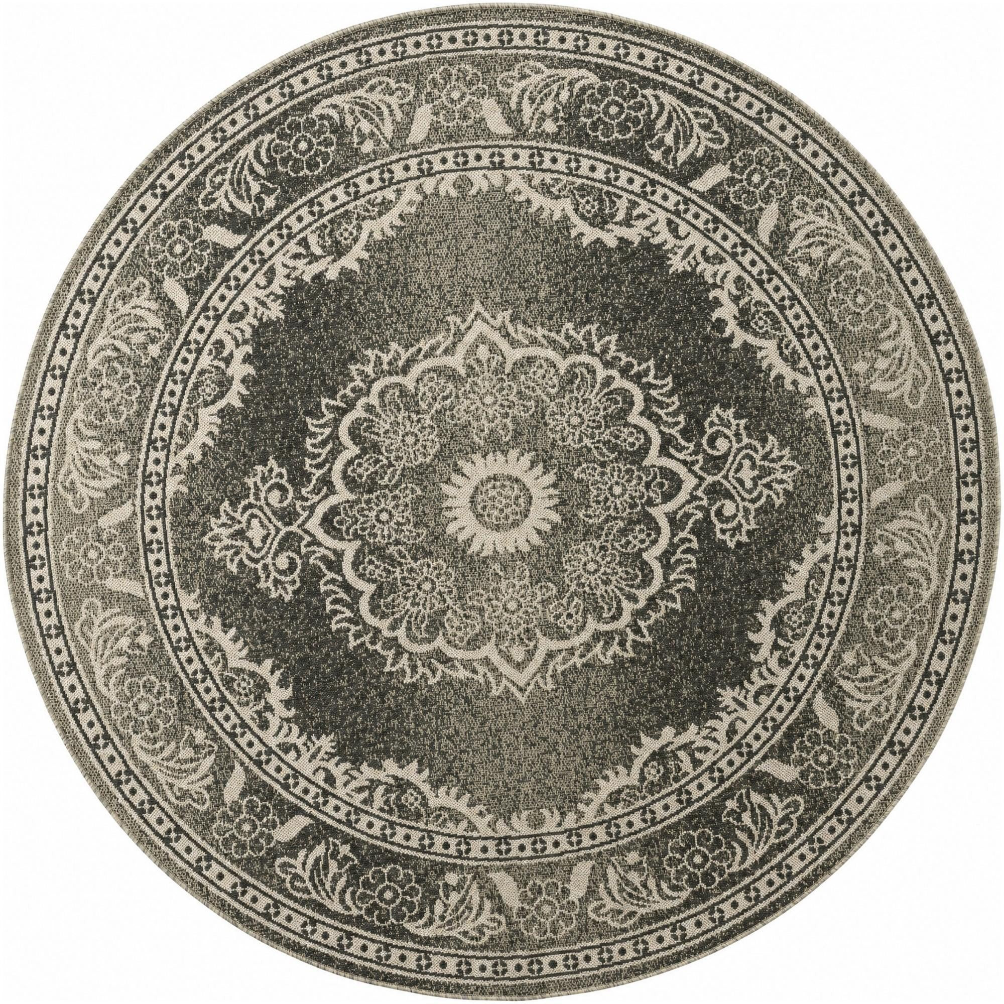 6' x 6' Honeysuckle · Medallion Outdoor Rug, black and white