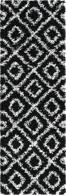 2' x 6' Brock · Diamond lattice Shag Rug, black and white
