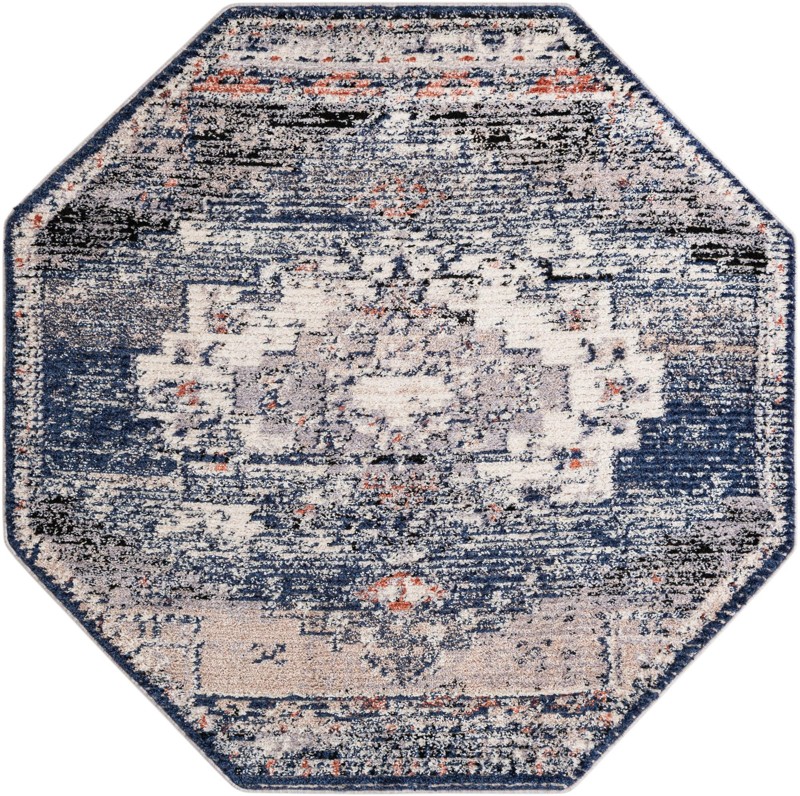 7' x 7' Burton · Distressed medallion rug, blue and beige