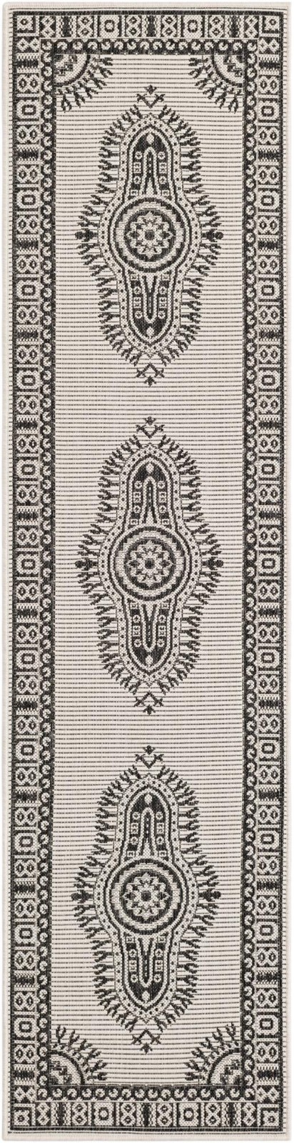 2' x 8' Bainbridge · Border Outdoor Rug, white and black