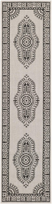 2' x 8' Bainbridge · Border Outdoor Rug, white and black