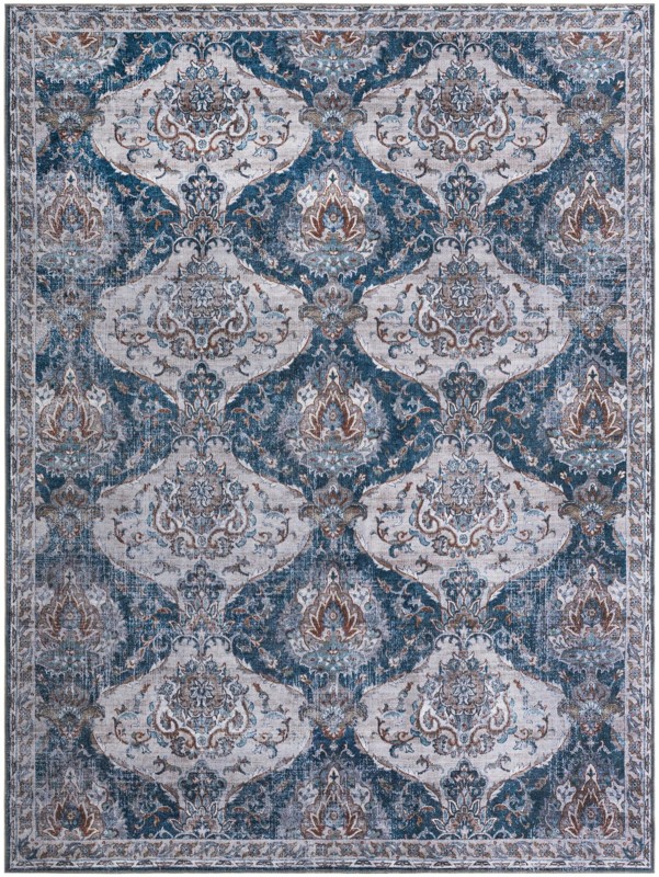 9' x 12' McCall · Damask rug, blue and ivory