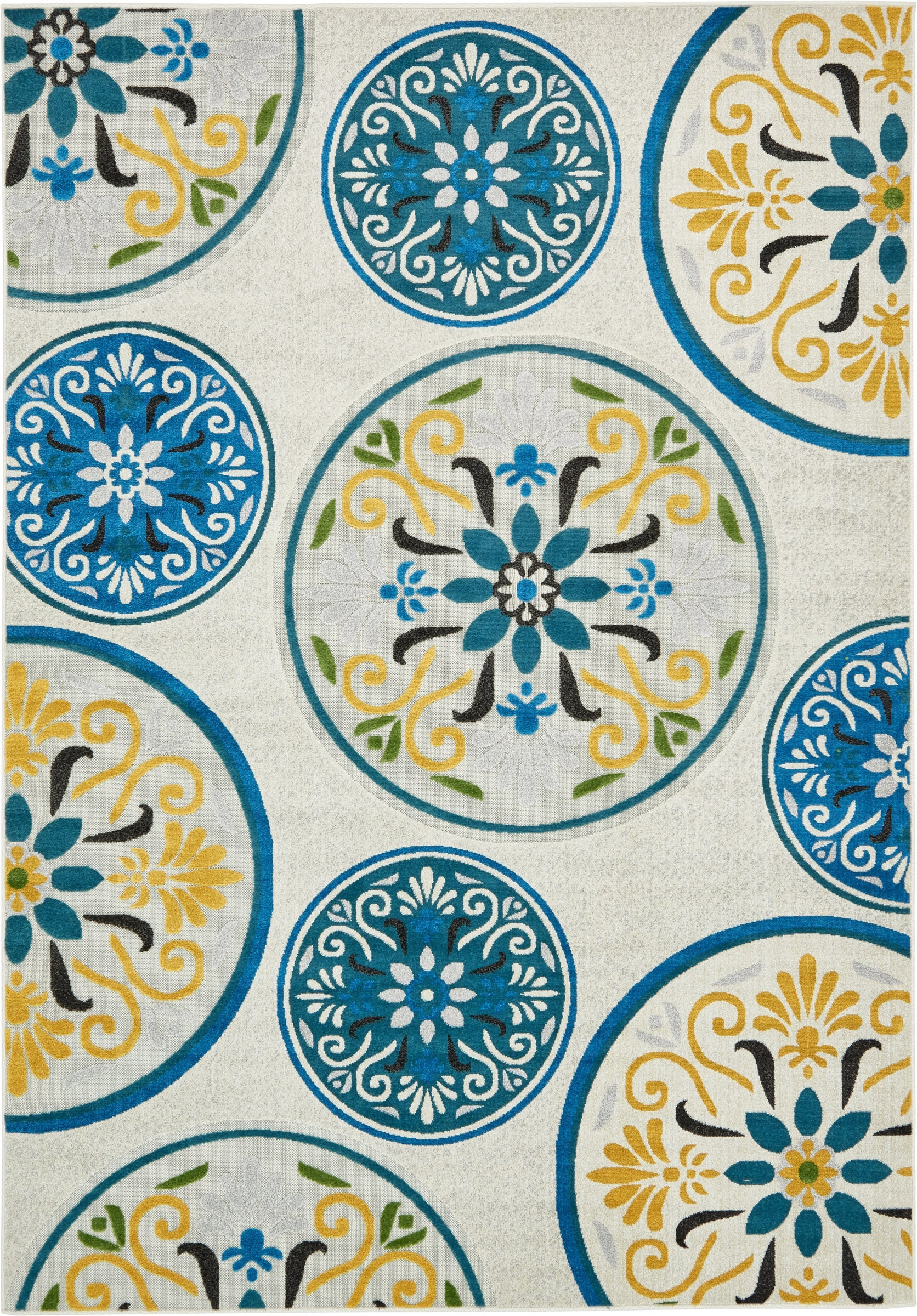 7' x 10' Racine · Medallion Outdoor Rug, cream and blue