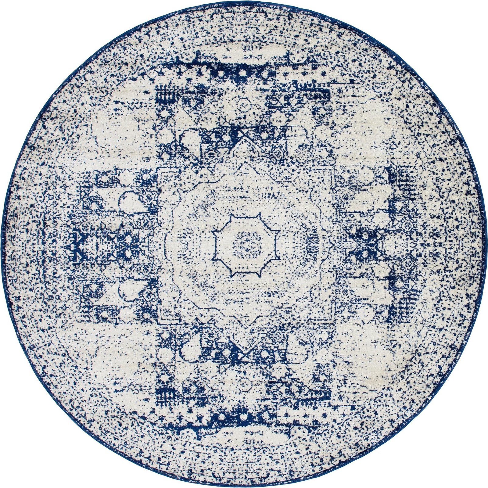 7' 10 x 7' 10 Benedict · Distressed medallion rug, ivory and blue