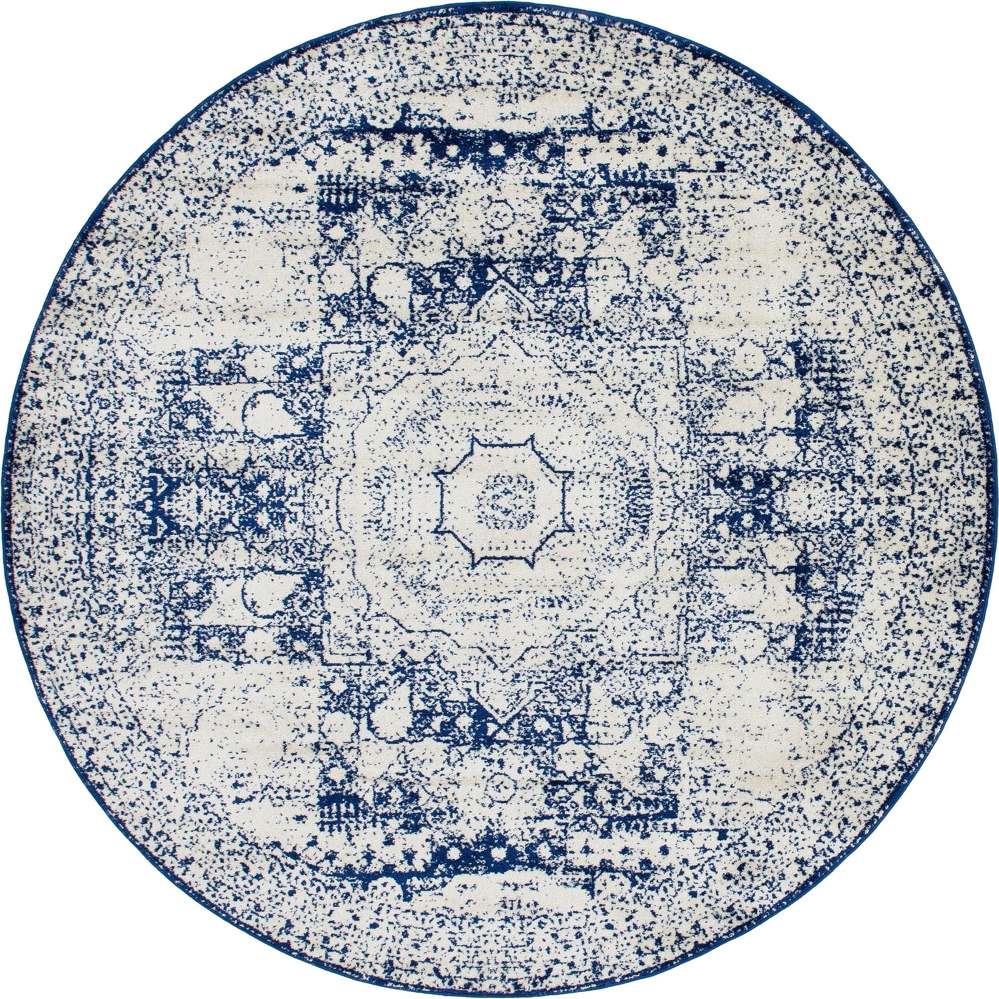 7' 10 x 7' 10 Benedict · Distressed medallion rug, ivory and blue