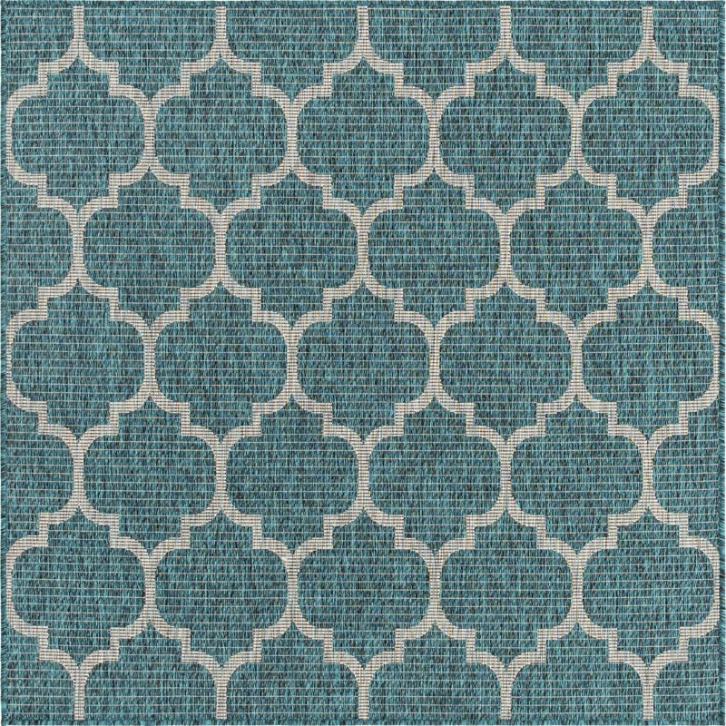 5' 3 x 5' 3 Fanshawe · Lattice Outdoor Rug, teal and gray