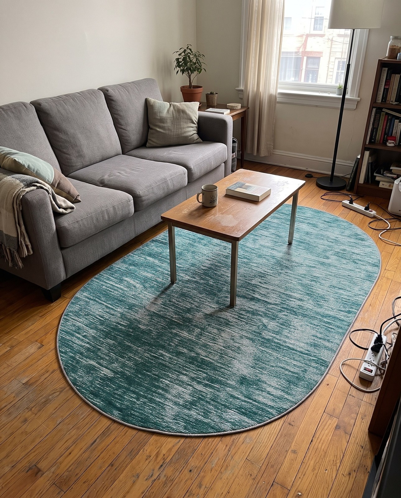 Detail image of 3' 6 x 5' 6 Prewitt · Abstract striped rug, teal and ivory