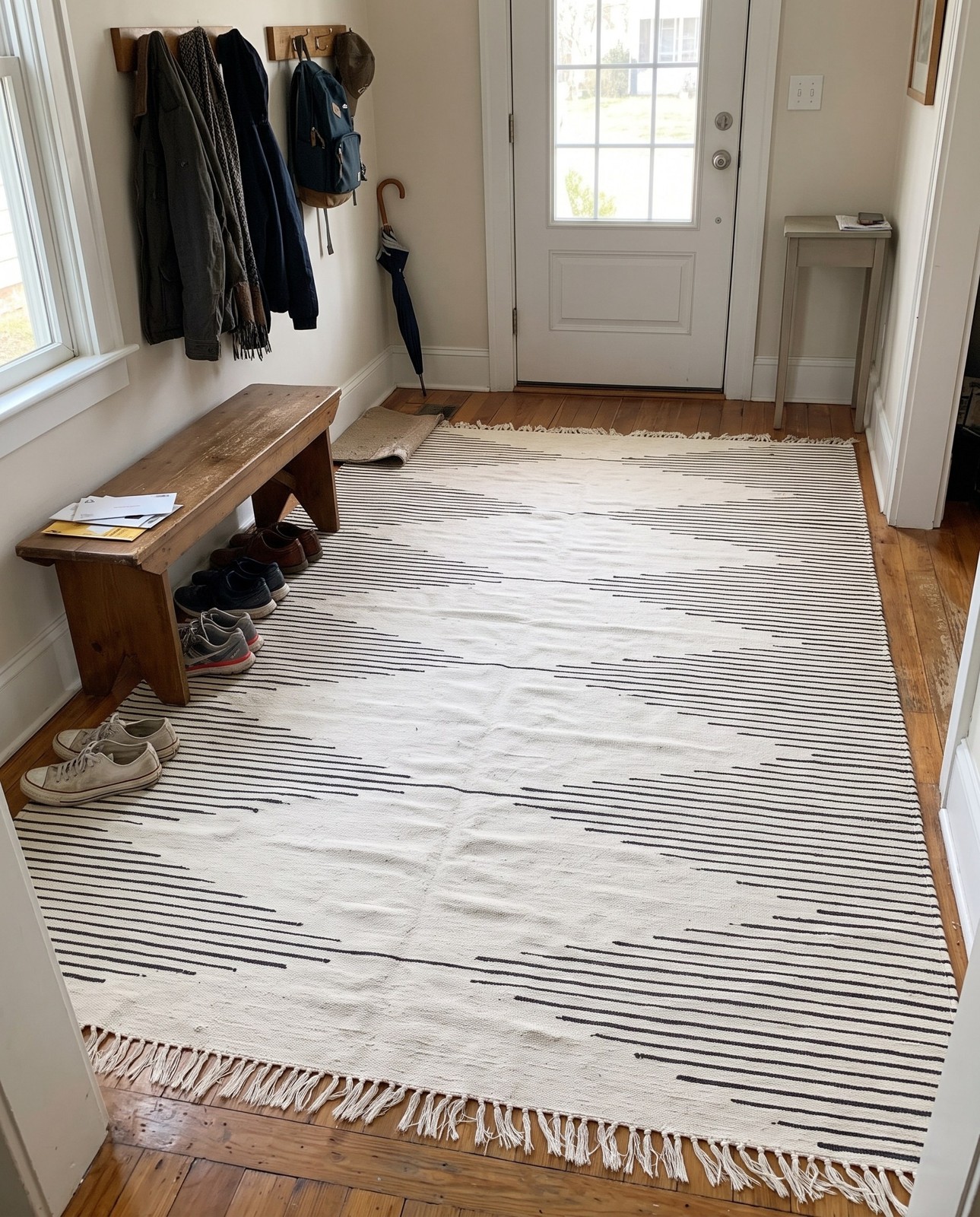 0' 9 x 2' 6 Roper · Linear Chindi Rug, white and black