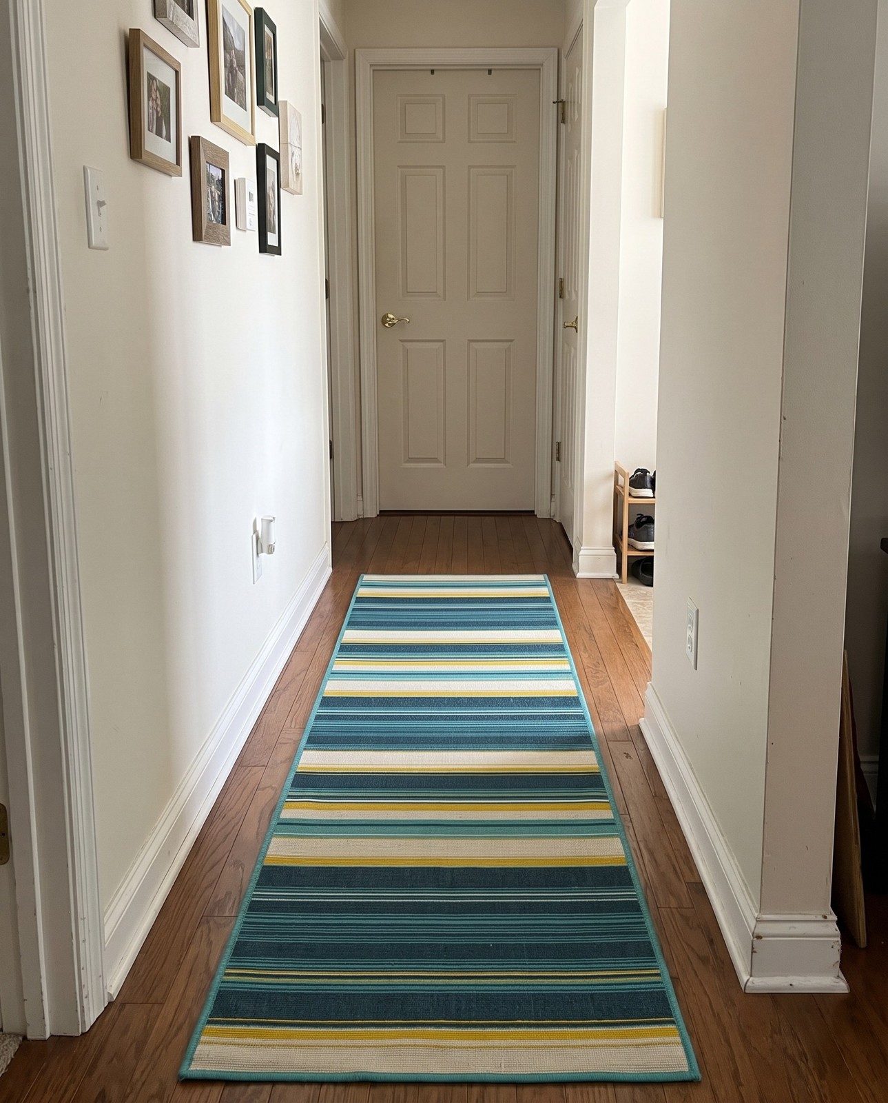 2' 7 x 10' Larkin · Striped Outdoor Rug, navy, teal and yellow