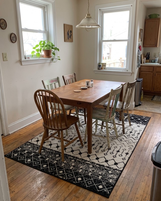 Vernon Tribal geometric rug, black and white, 5×8, in a room